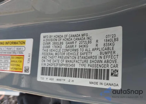2023 Honda Civic Sport from USA, damaged, VIN 2HGFE2F58PH563458